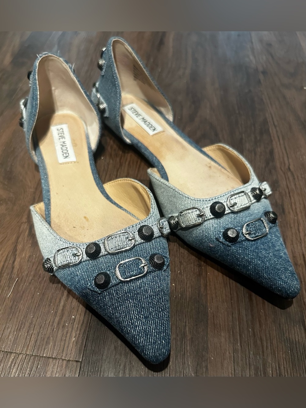 Steve Madden Two-Tone Denim Pointed D'Orsay Flats with Stud Detail